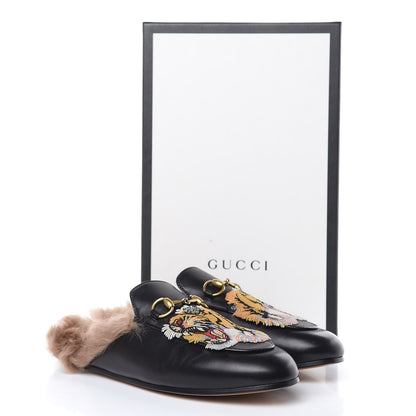 Gucci Calfskin Lambswool Tiger Embroidered Womens Princetown Slippers 37.5 Black 9 of 9