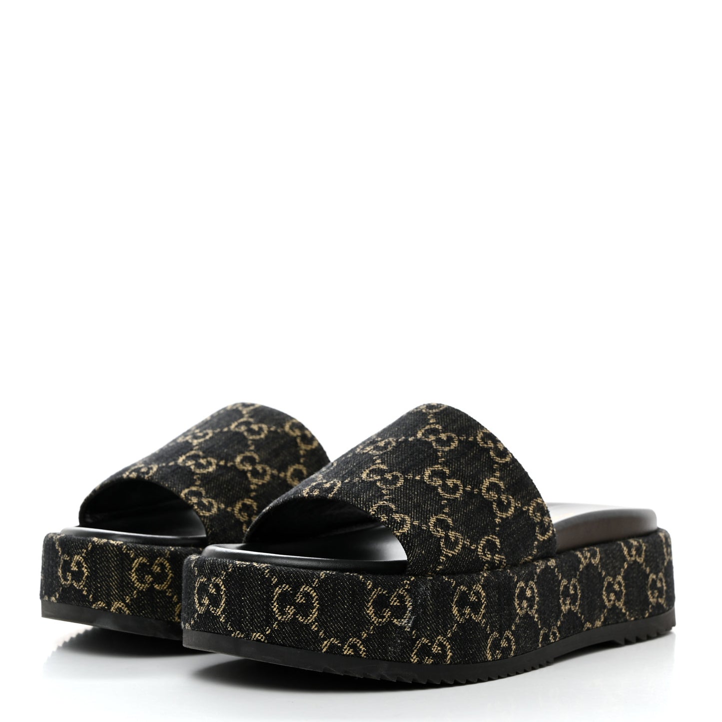 Jacquard Black Denim GG Monogram Angelina Platform 55mm Slide Sandals 39 Black Ivory