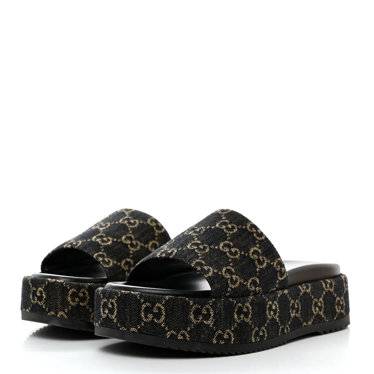 Gucci Jacquard Black Denim GG Monogram Angelina Platform 55mm Slide Sandals 39 Black Ivory 3 of 10
