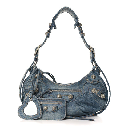 Balenciaga Washed Frayed Denim Crystal Small Le Cagole Shoulder Bag Blue 1 of 11
