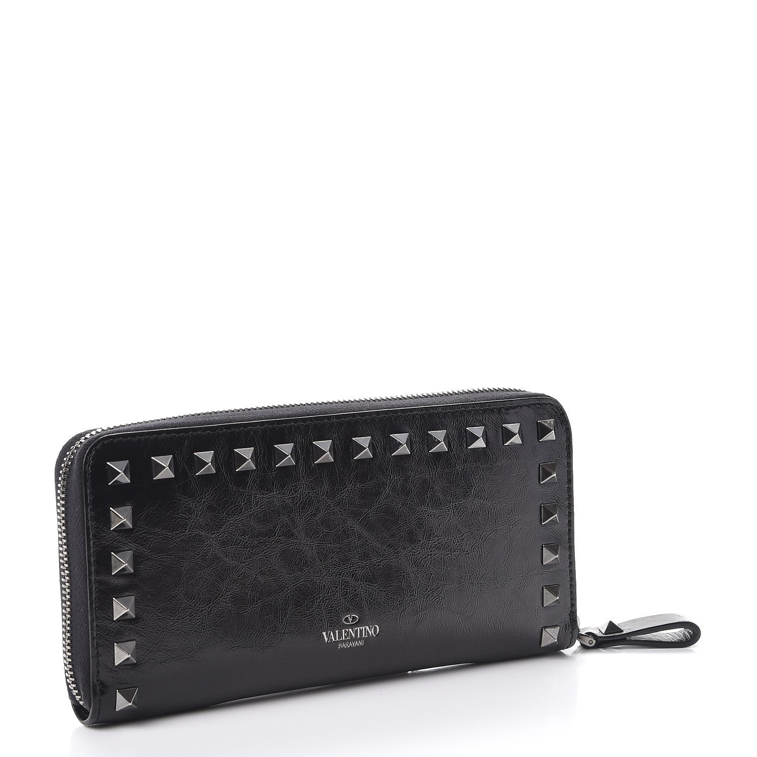 Valentino Garavani Craquele Calfskin Rockstud Zip Around Wallet Black 3 of 9