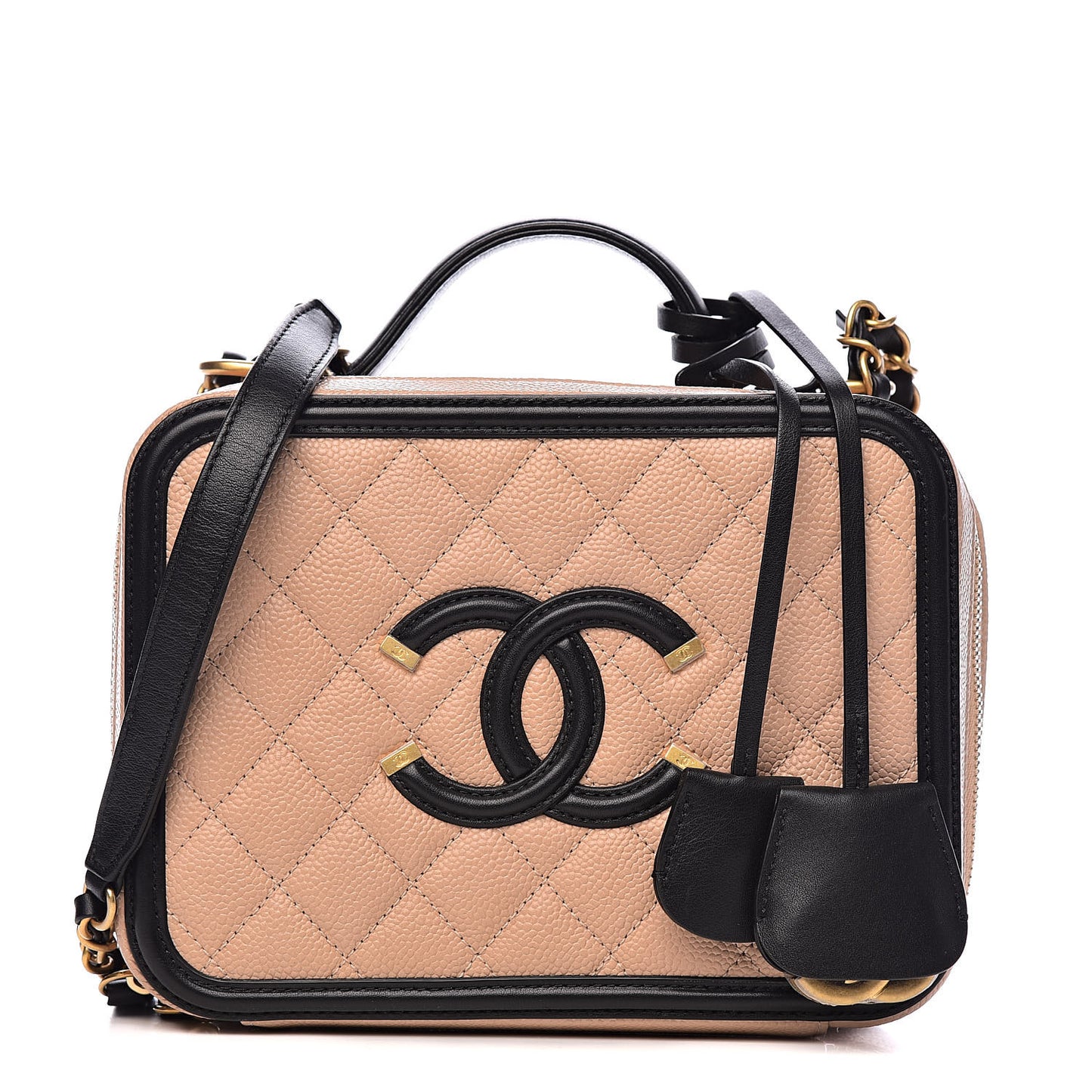Caviar Quilted Medium CC Filigree Vanity Case Beige Black