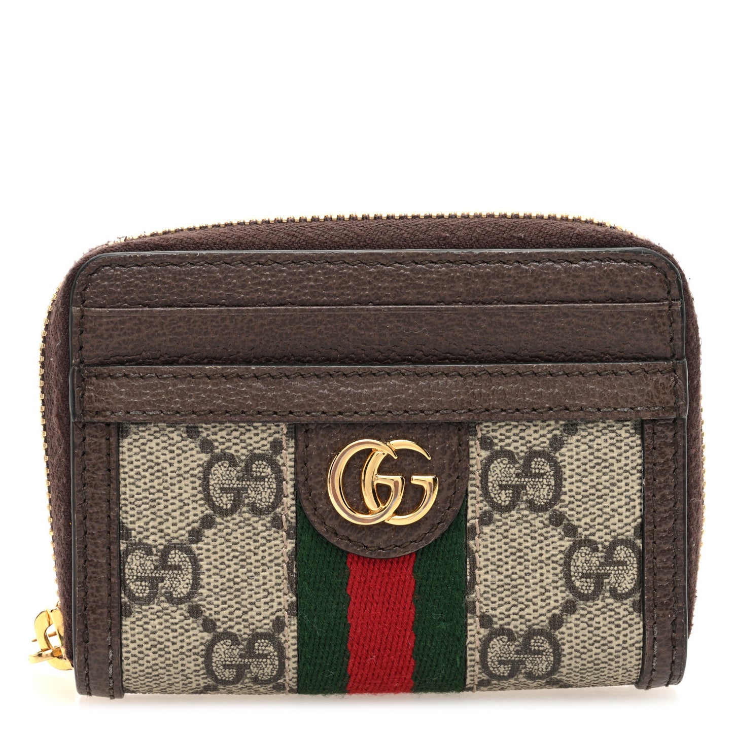 GG Supreme Monogram Textured Dollar Calfskin Web Ophidia Zip Around Card Case Wallet Beige Ebony New Acero