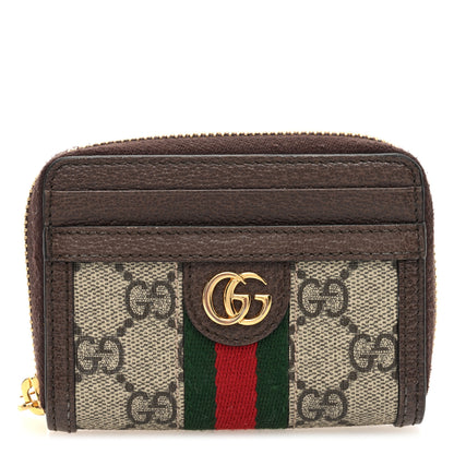 Gucci GG Supreme Monogram Textured Dollar Calfskin Web Ophidia Zip Around Card Case Wallet Beige Ebony New Acero 1 of 6