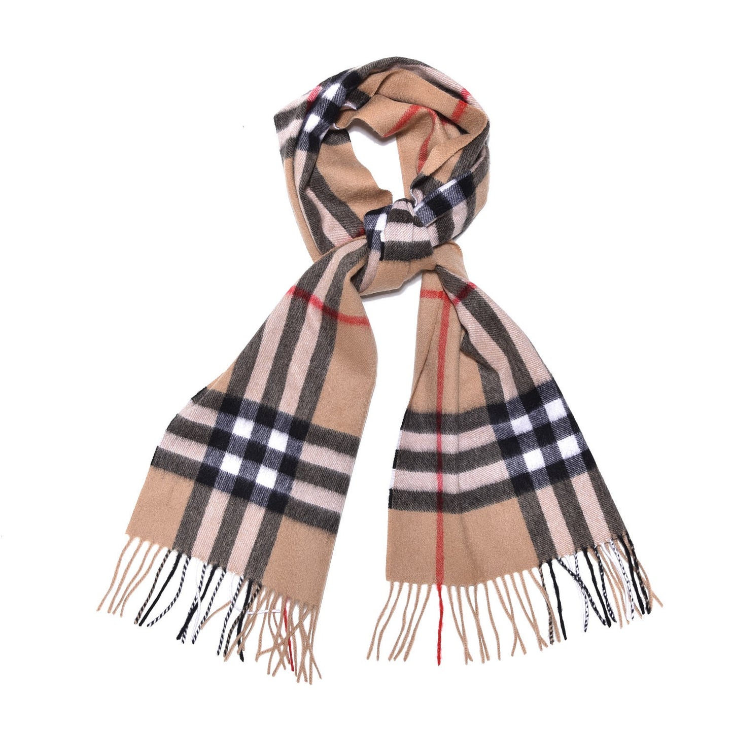 Cashmere Giant Check Fringe Scarf Camel