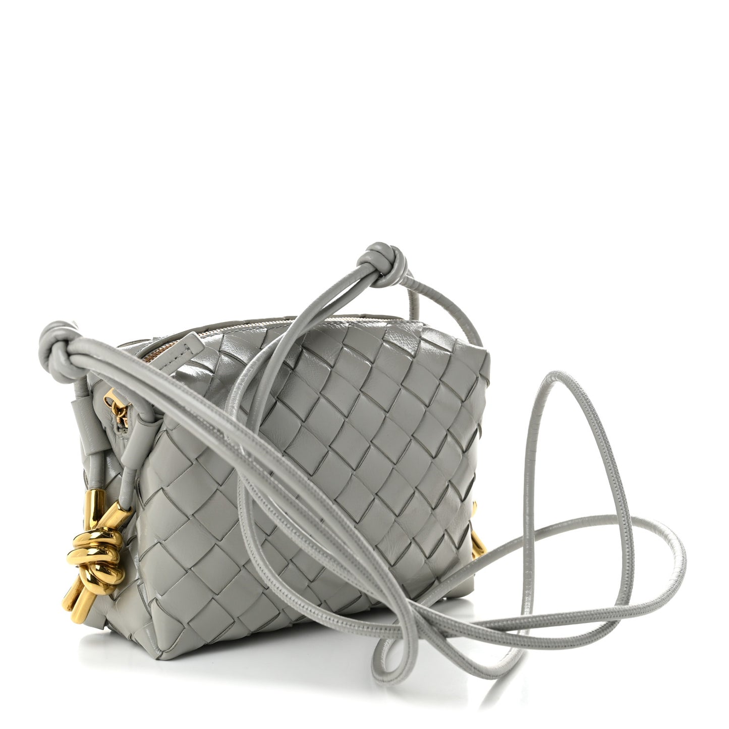 Polished Nappa Intrecciato Metallic Knot Mini Loop Camera Bag Sterling