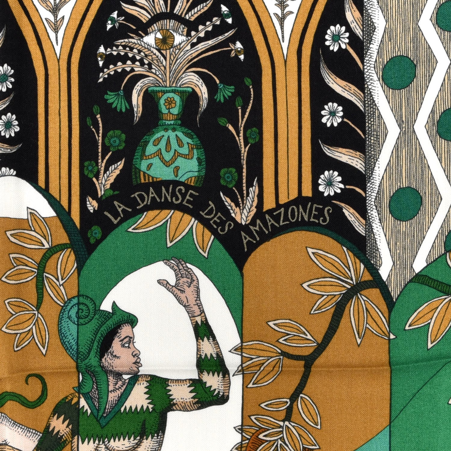 Hermes Cashmere Silk La Danse Des Amazones Shawl 140 Vert Noisette White 3 of 4