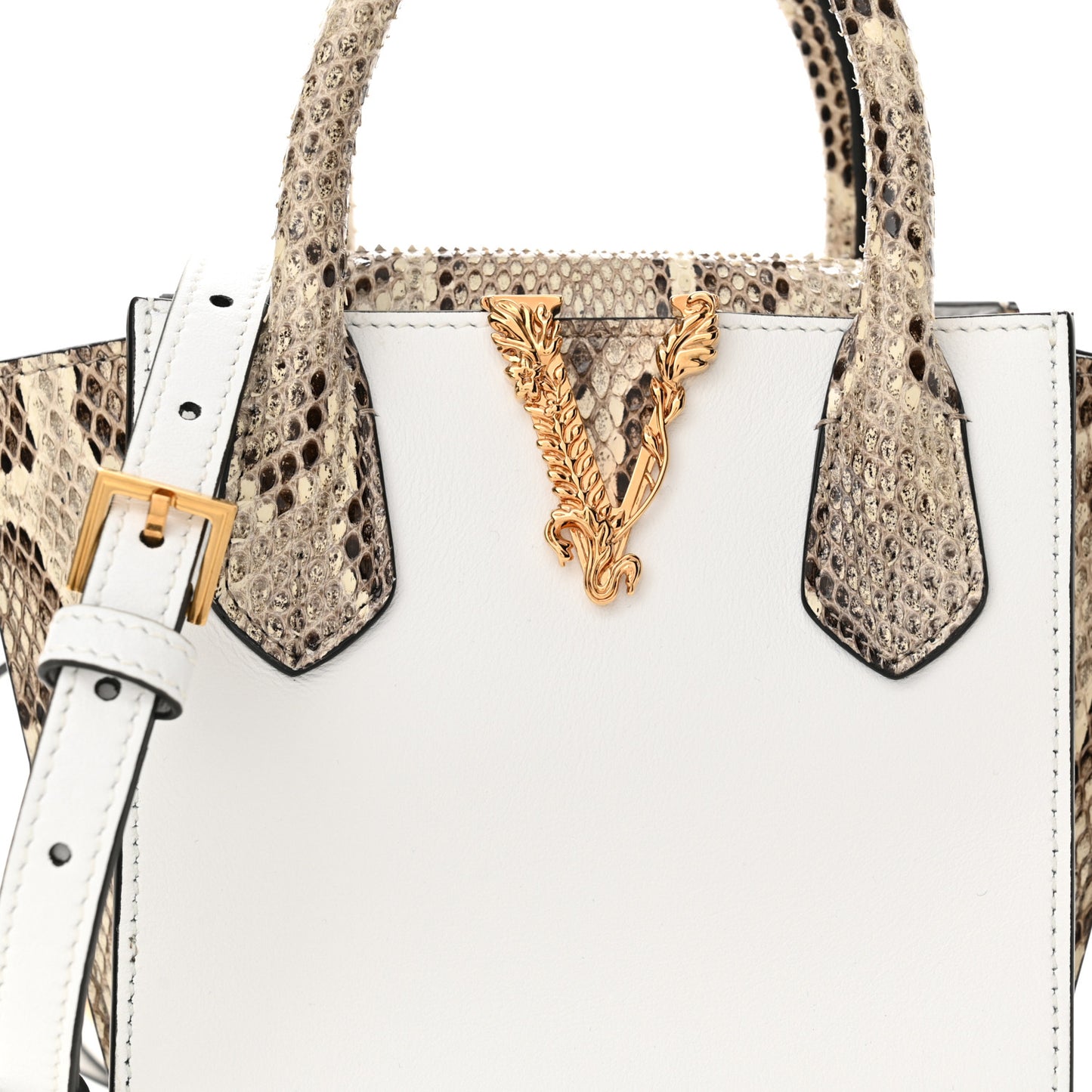 Calfskin Snakeskin Mini Virtus Top Handle Shoulder Tote Optical White Natural