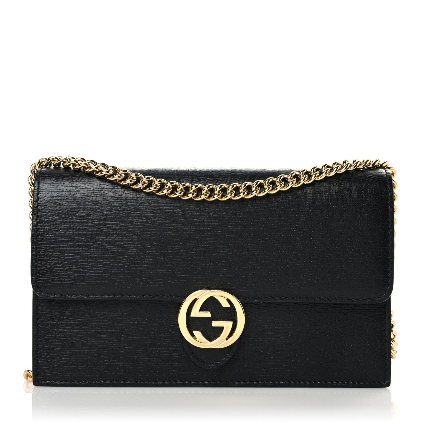 Textured Calfskin Icon Chain Wallet Black