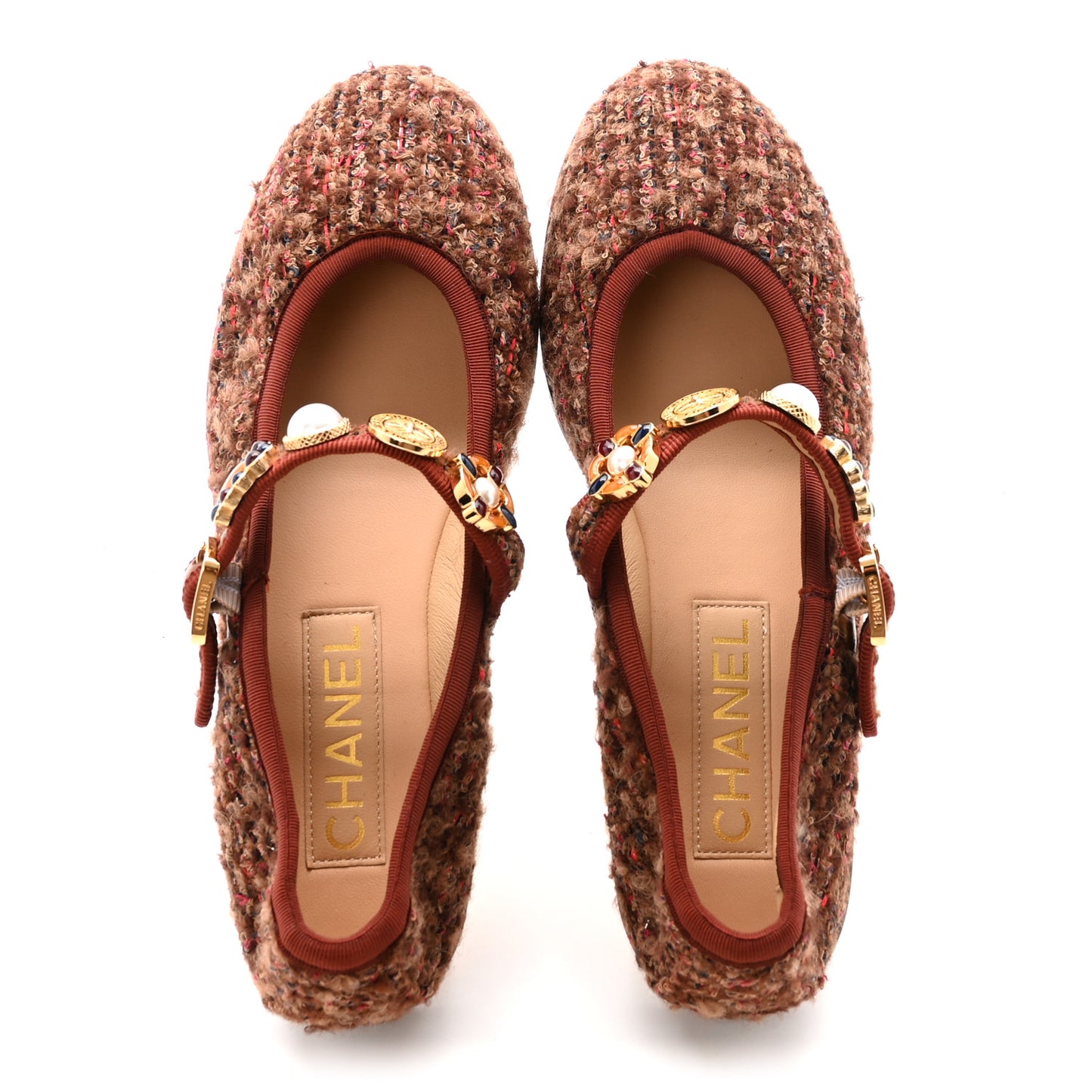 Wool Tweed Mary Jane Flats 37 Brown Red Dark Blue