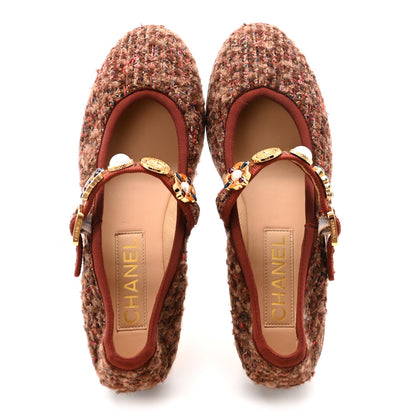 Chanel Wool Tweed Mary Jane Flats 37 Brown Red Dark Blue 2 of 10
