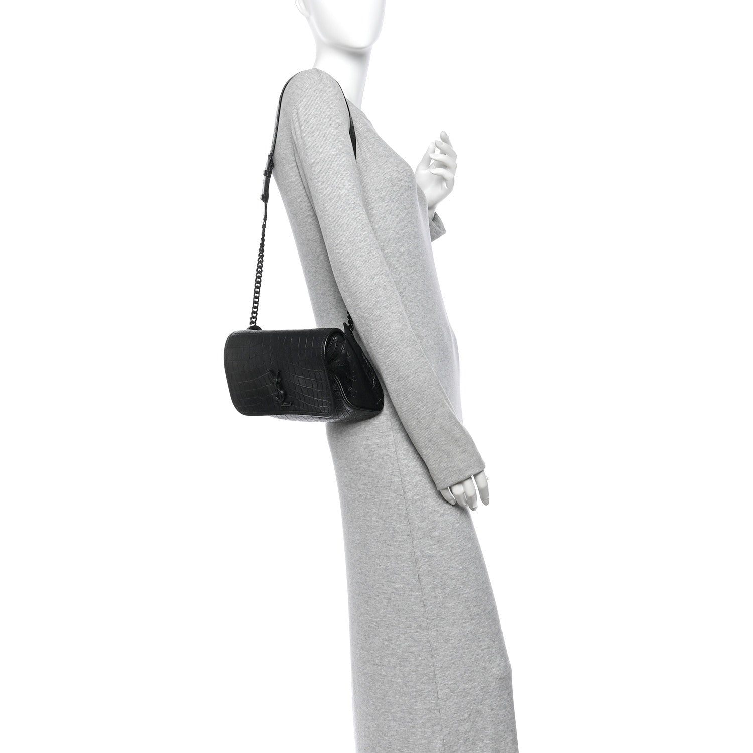 Saint Laurent Crocodile Embossed Calfskin Matelasse Monogram Baby Niki Shoulder Belt Bag Black 2 of 10