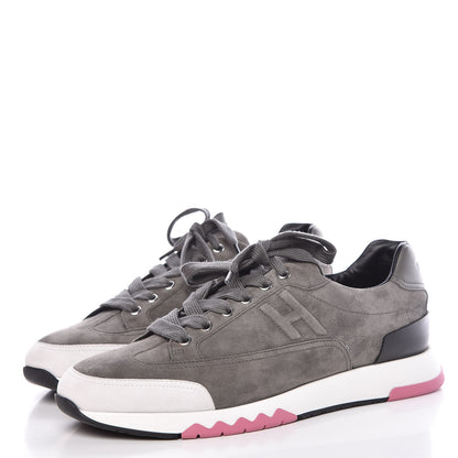 Hermes Velvet Goatskin Calfskin Womens Trail Sneakers 39.5 Gris Tenorite Blanc 3 of 13