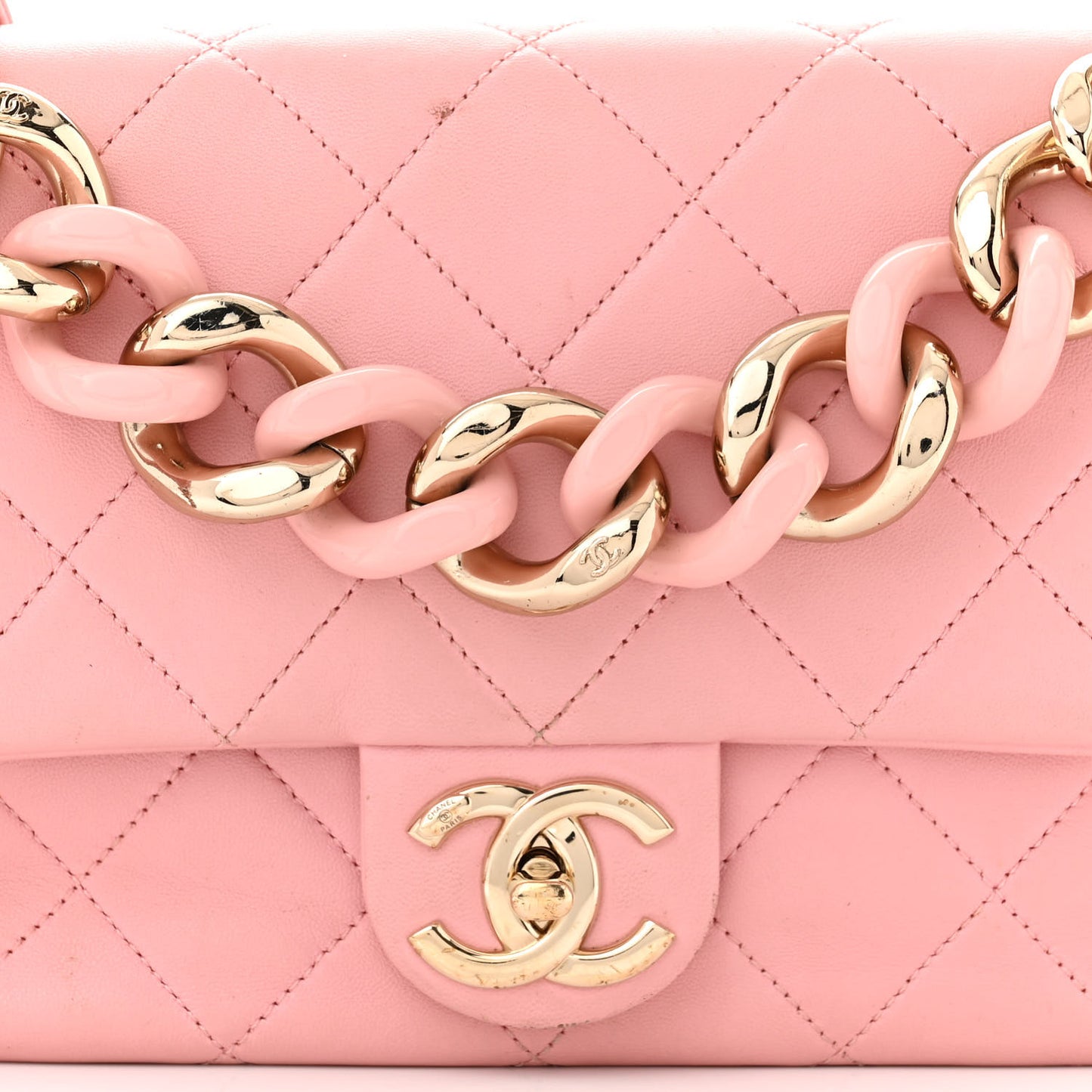 Lambskin Quilted Resin Bi-Color Chain Flap Bag Pink