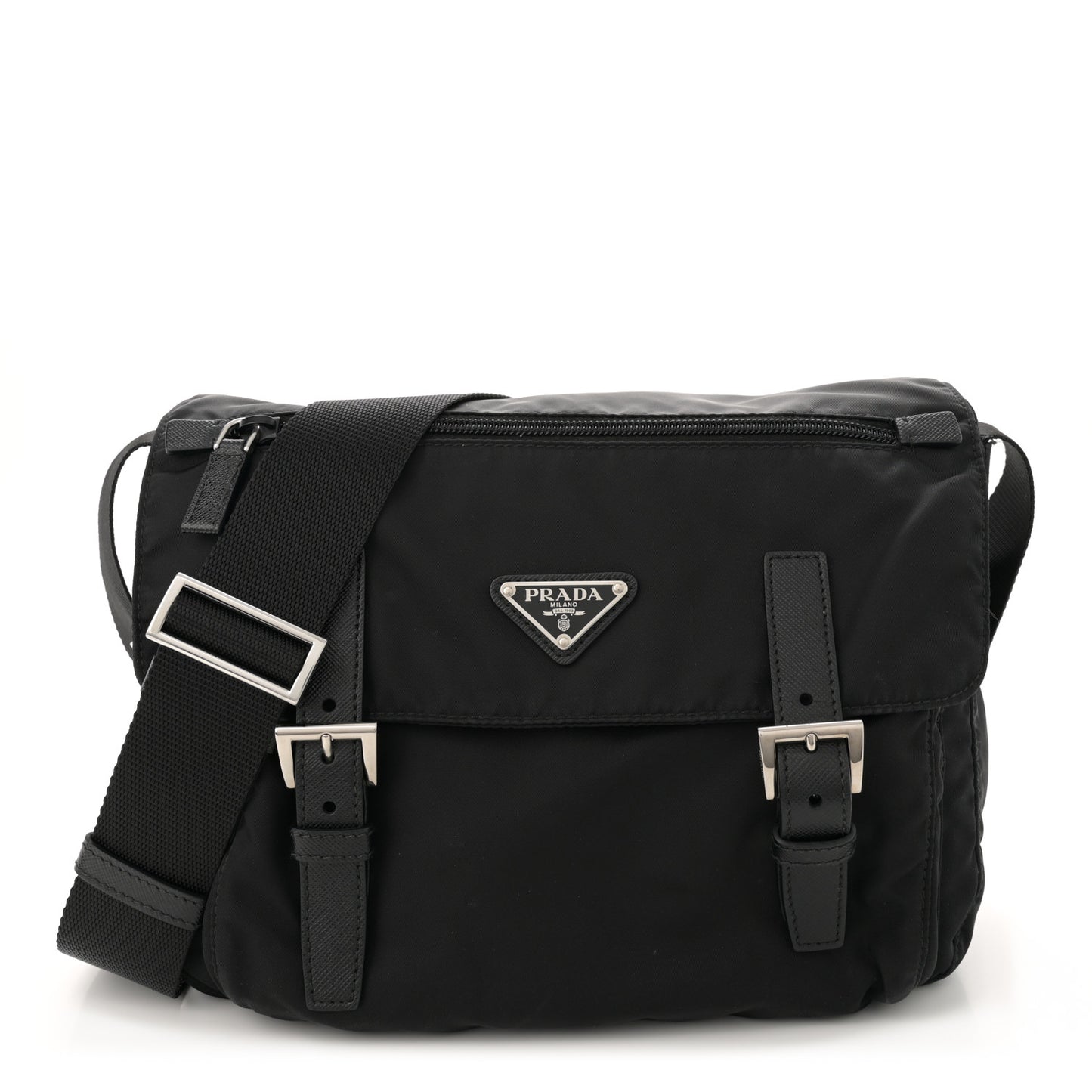 Re-Nylon Vela Saffiano Double Buckle Messenger Shoulder Bag Black