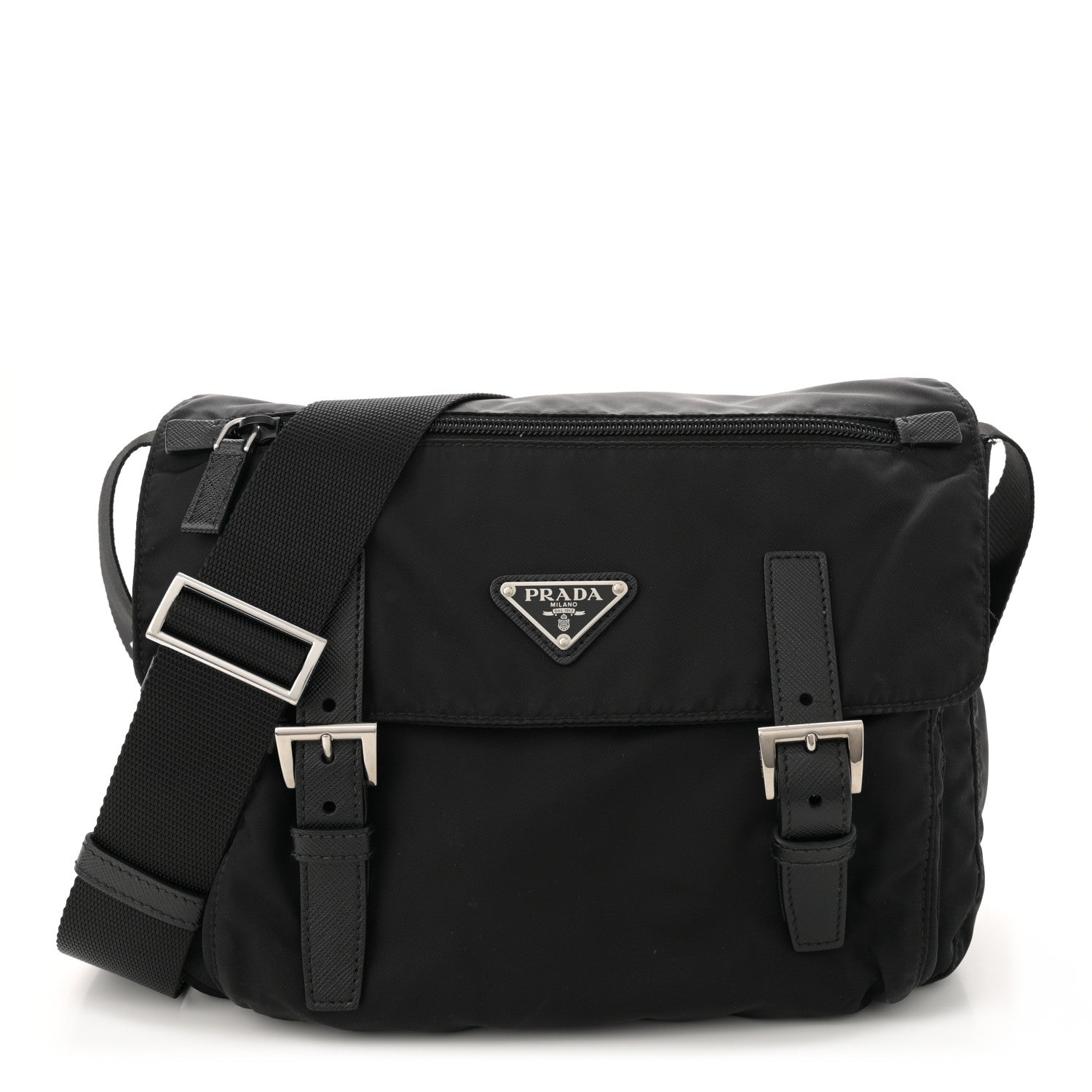 Prada Re-Nylon Vela Saffiano Double Buckle Messenger Shoulder Bag Black 1 of 10
