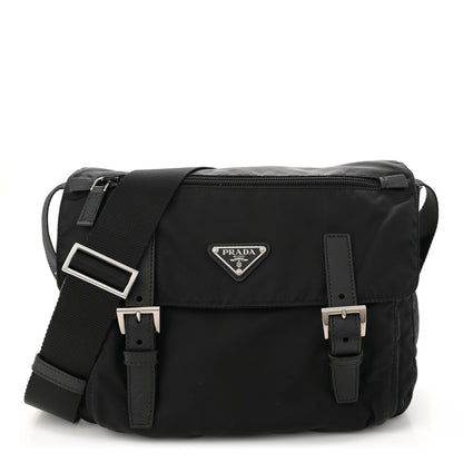 Prada Re-Nylon Vela Saffiano Double Buckle Messenger Shoulder Bag Black 1 of 10