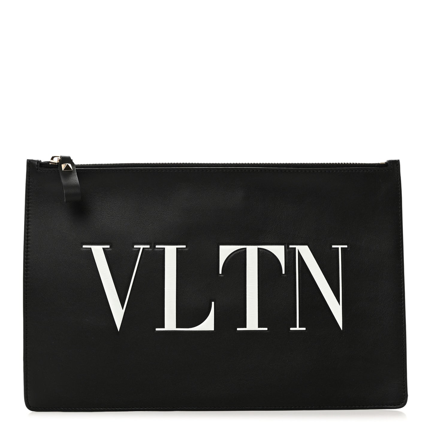 Calfskin VLTN Large Flat Zip Pouch Black