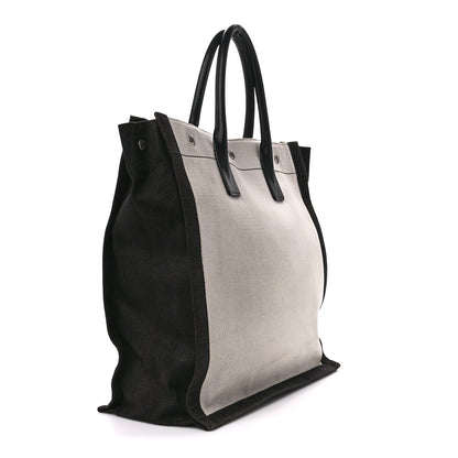 Saint Laurent Linen Calfskin Rive Gauche North South Tote White Black 2 of 10