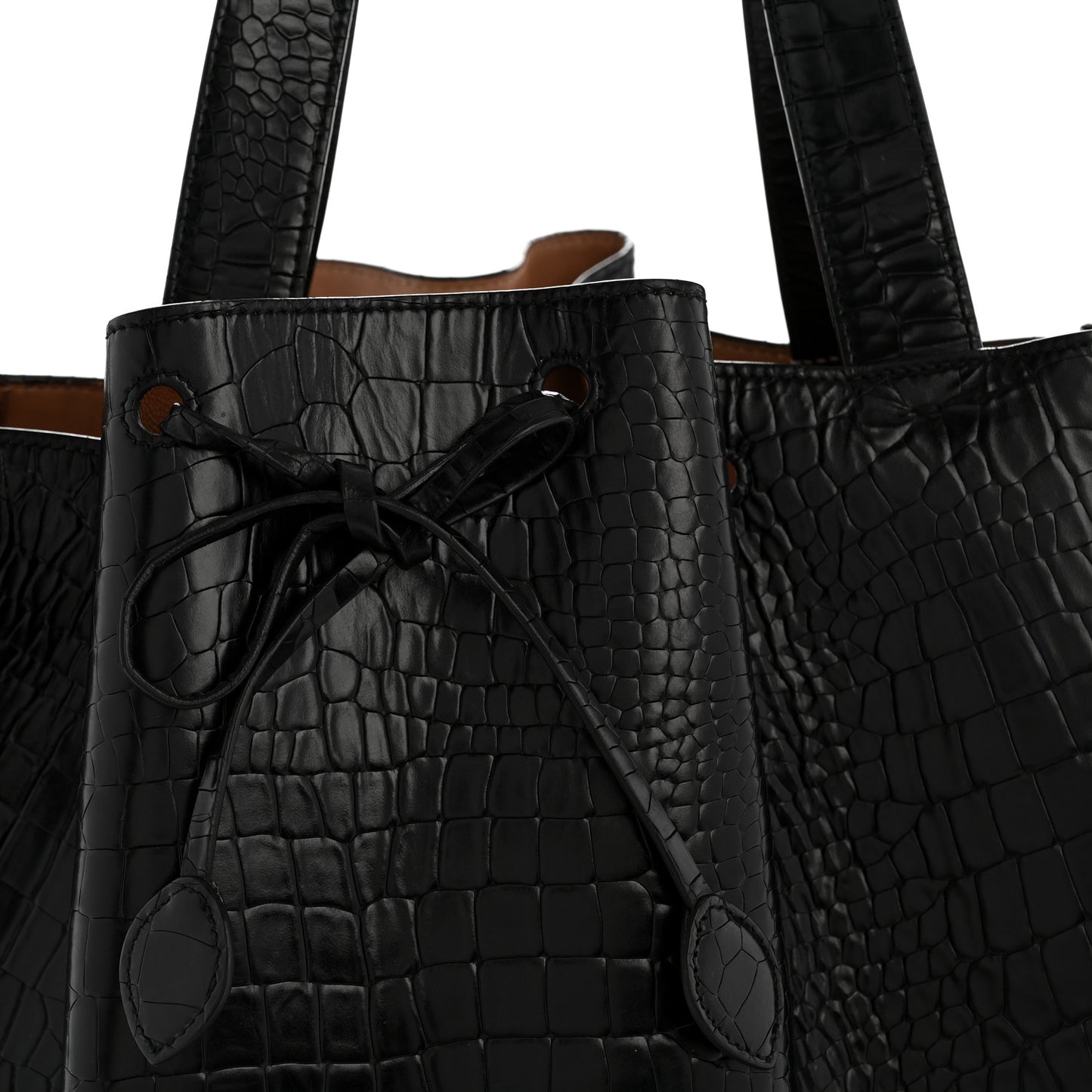 Calfskin Crocodile Embossed Bucket Bag Black