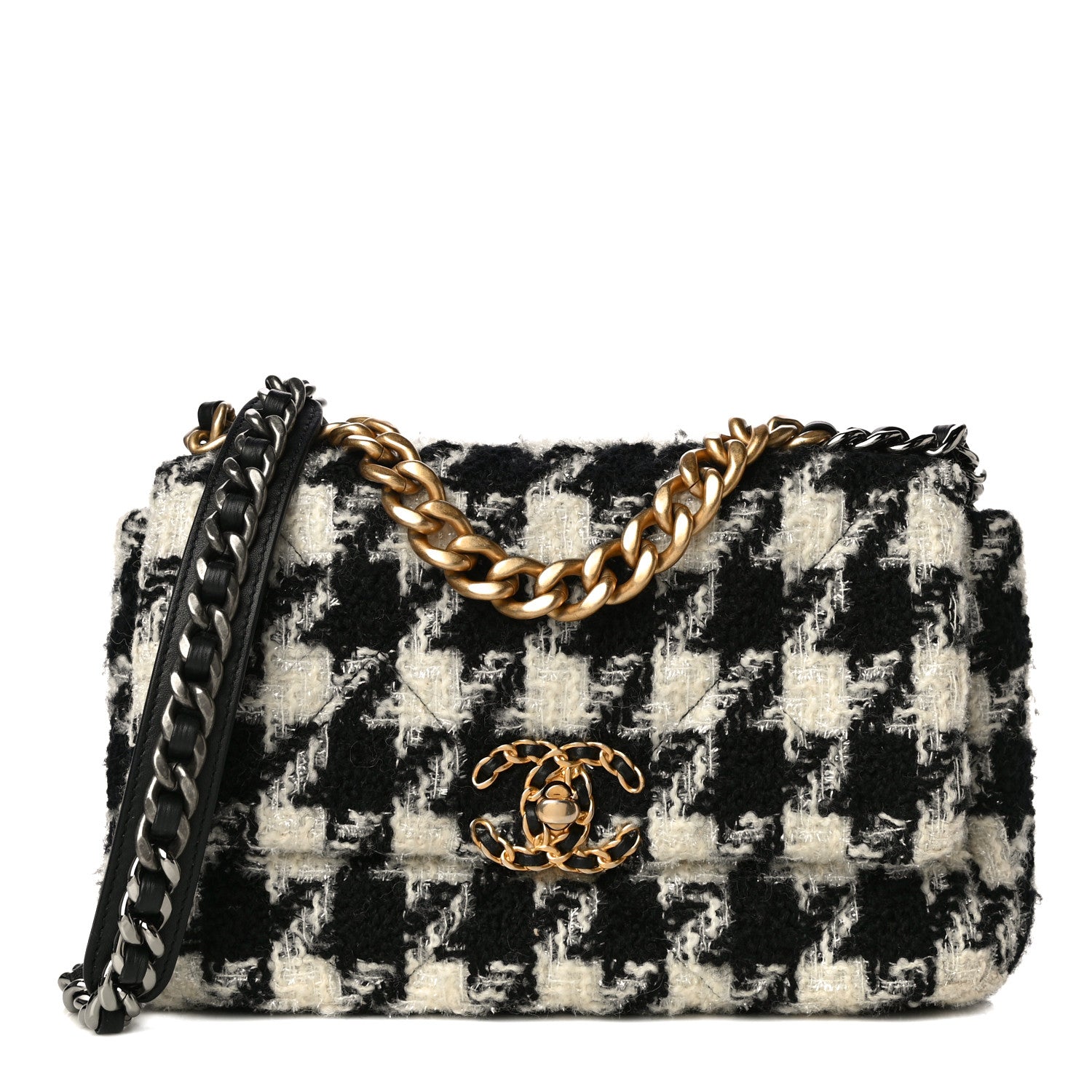Chanel Tweed Quilted Medium Chanel 19 Flap Black Ecru White 1 of 10