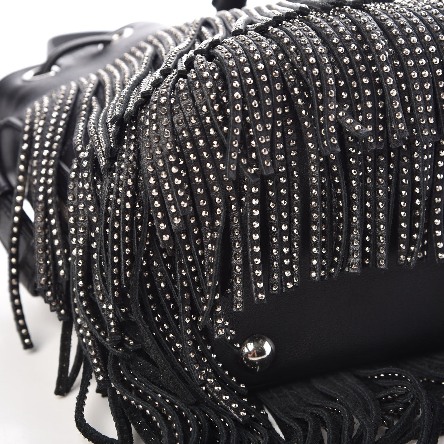 Calfskin Studded Small Emmanuelle Fringe Bucket Bag Black