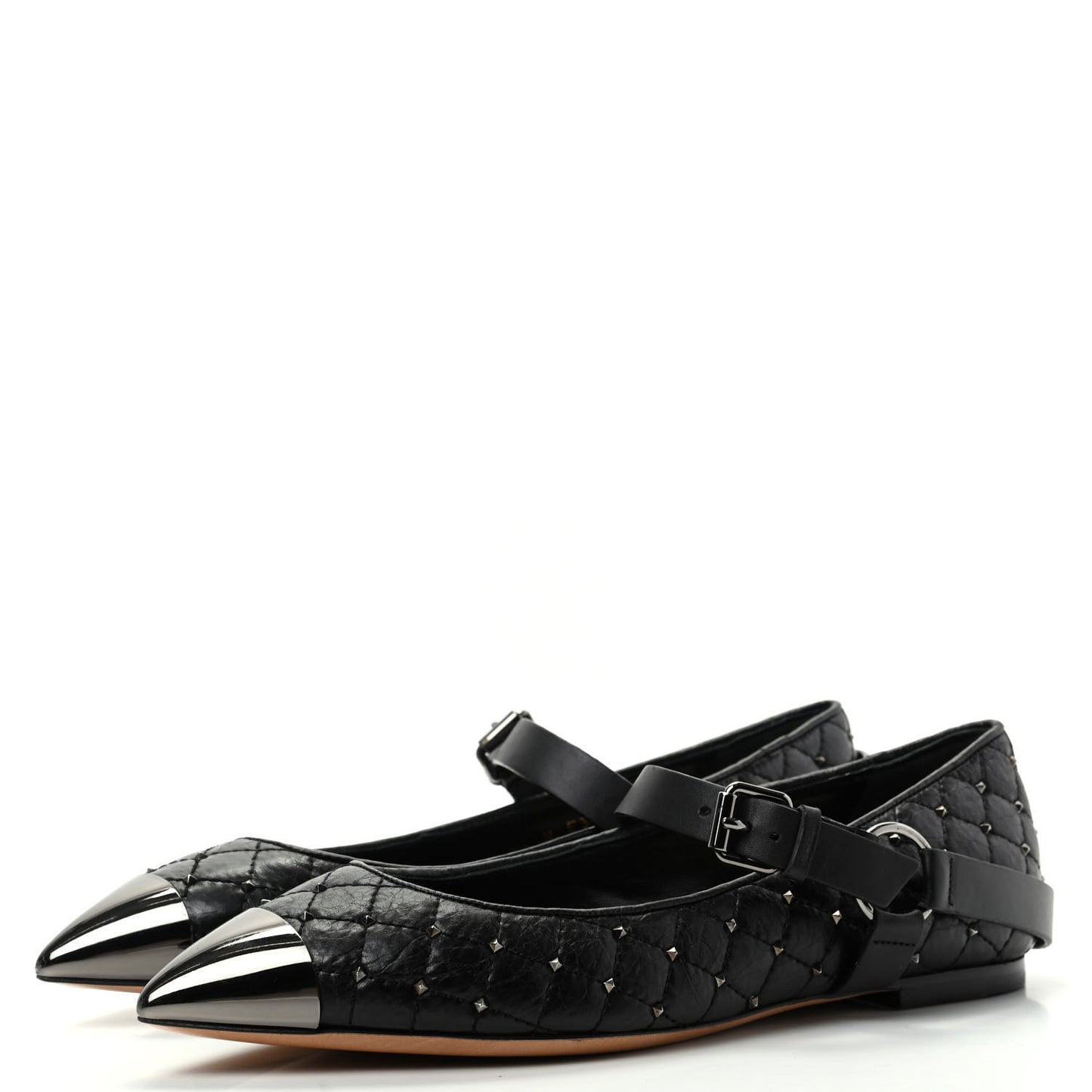 Crackled Lambskin Rockstud Spike Captoe Ballerina Flats 37 Black