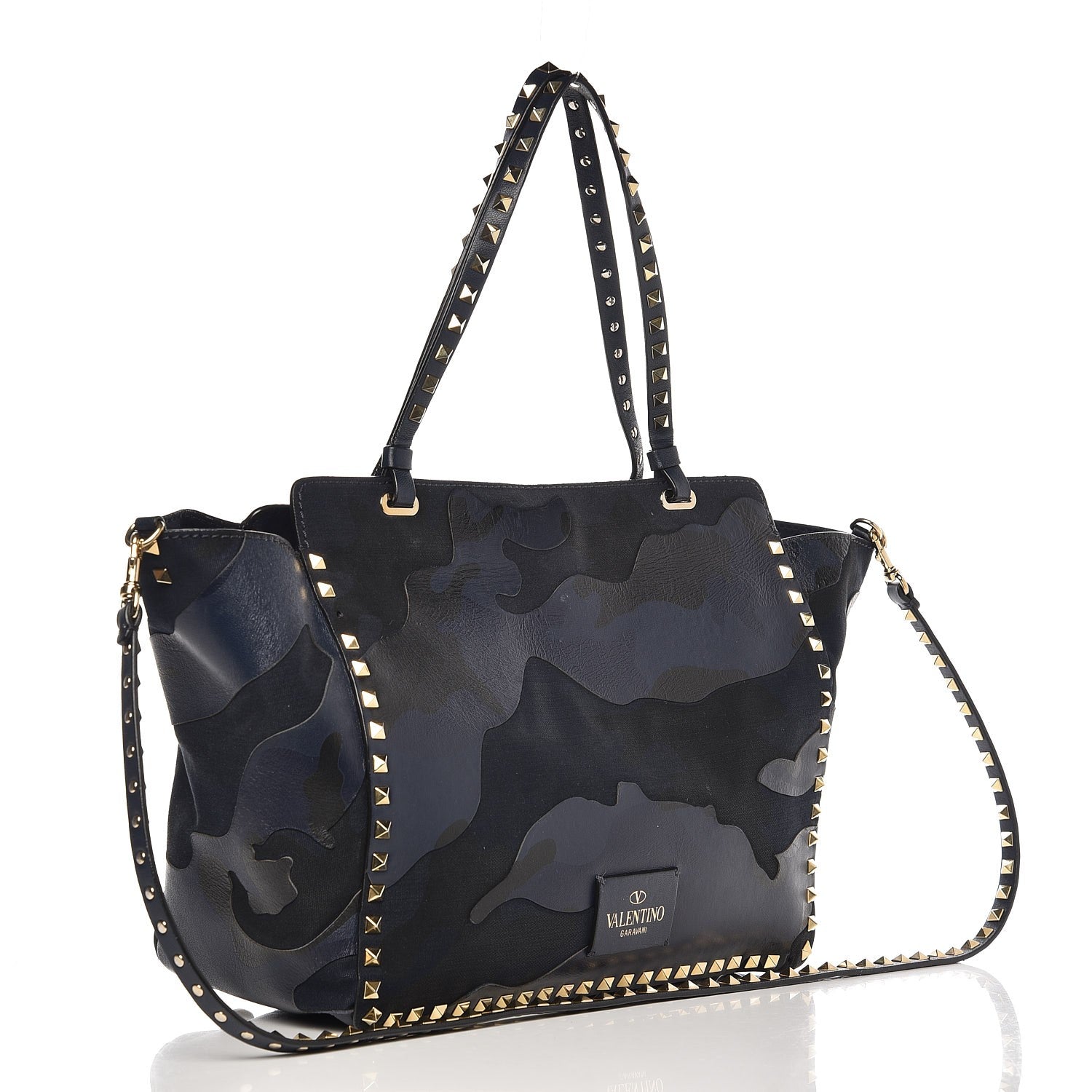 Valentino Garavani Nappa Canvas Camouflage Medium Rockstud Tote Marine 3 of 13