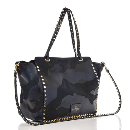 Valentino Garavani Nappa Canvas Camouflage Medium Rockstud Tote Marine 3 of 13