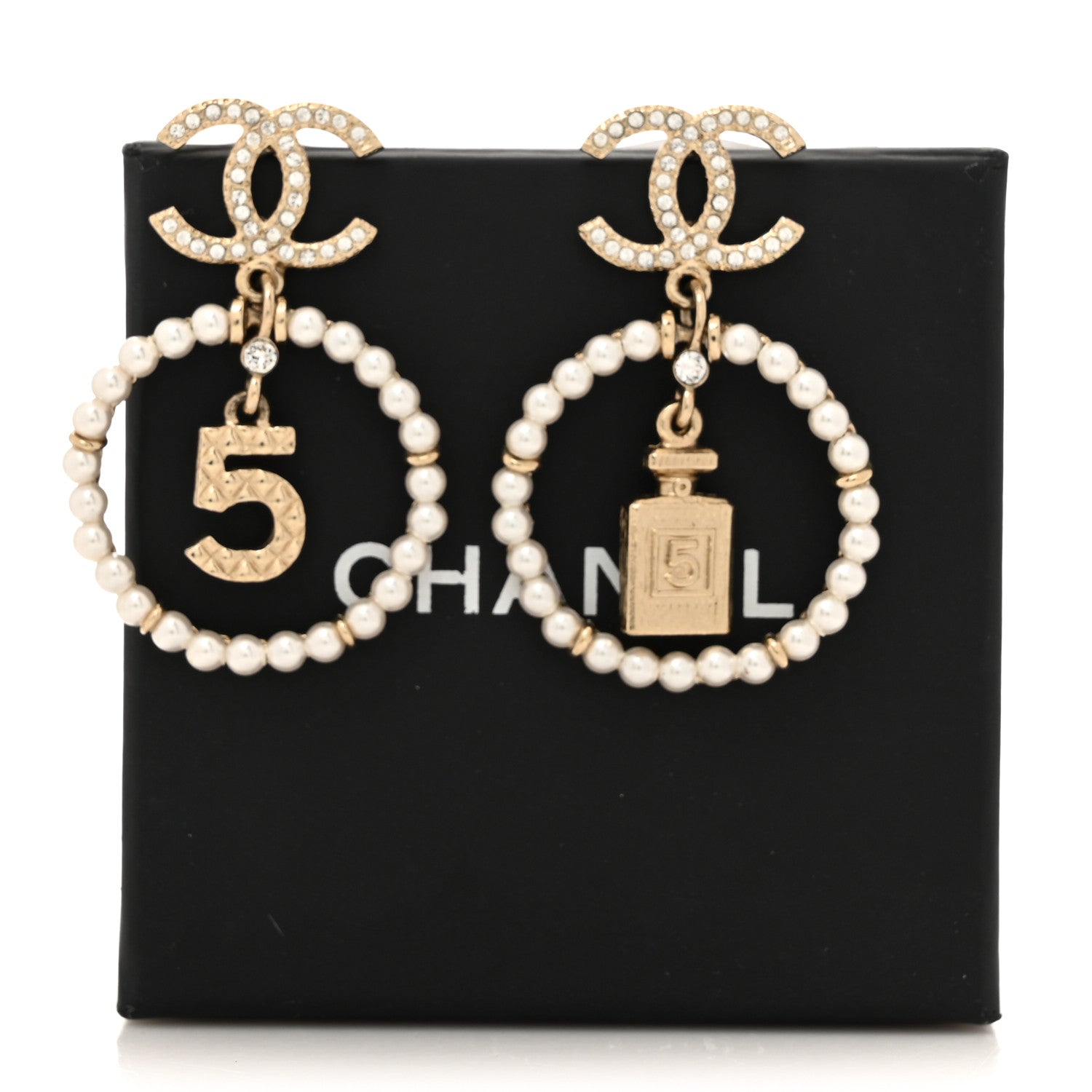Chanel Crystal Pearl Chanel Charms CC Drop Earrings Gold 5 of 5