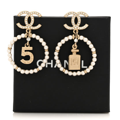 Chanel Crystal Pearl Chanel Charms CC Drop Earrings Gold 5 of 5