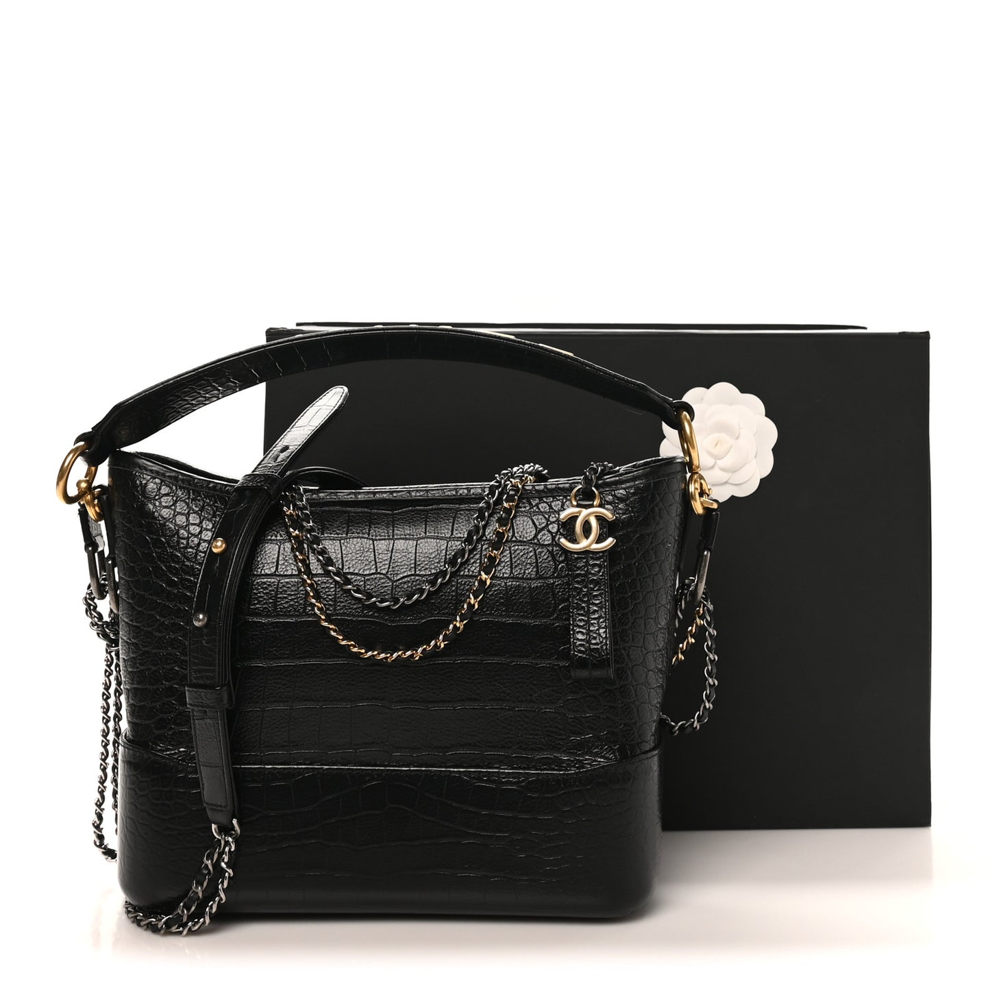 Crocodile Embossed Calfskin Medium Gabrielle Cocodile Hobo Black