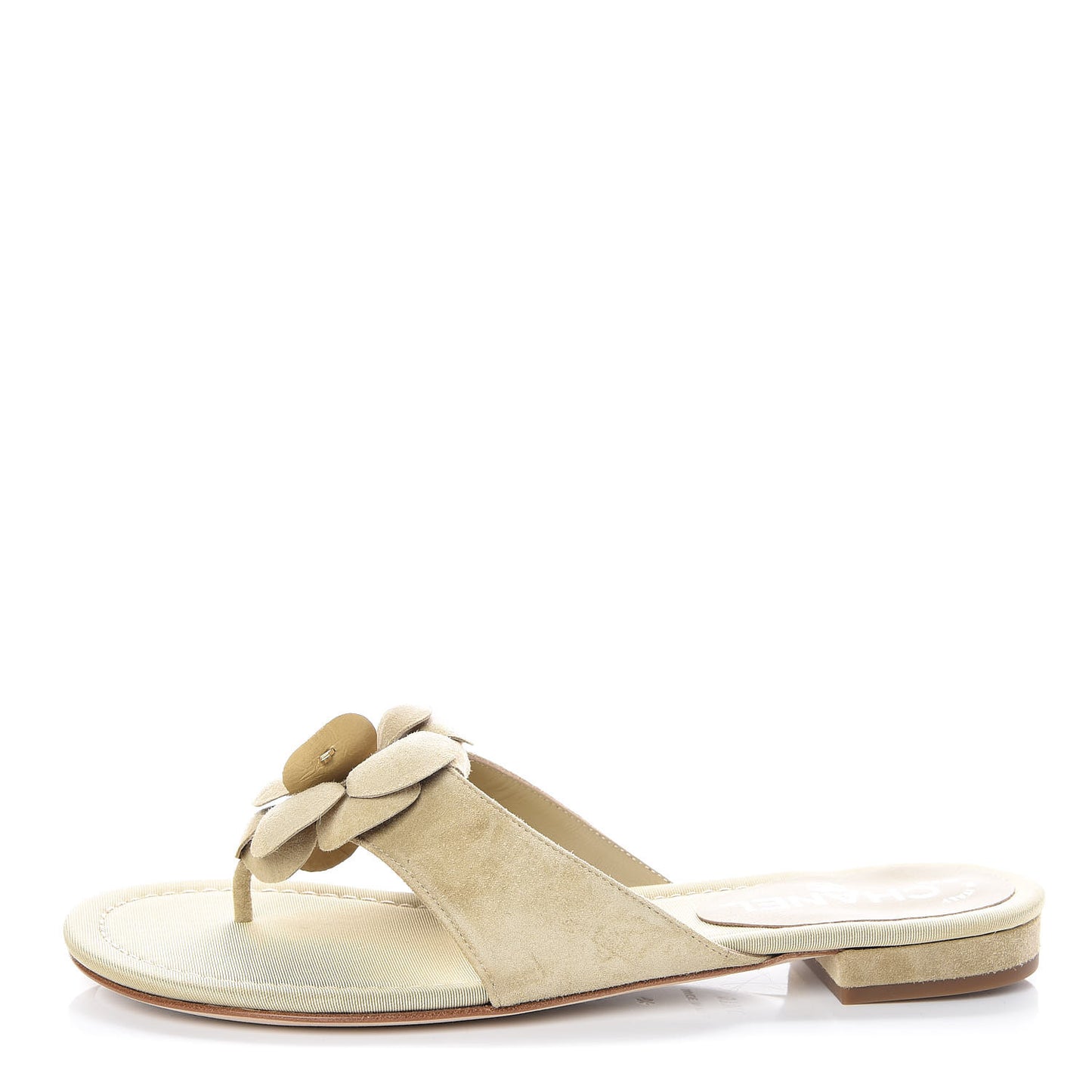 Suede Calfskin Camellia Thong Sandals 37.5 Beige