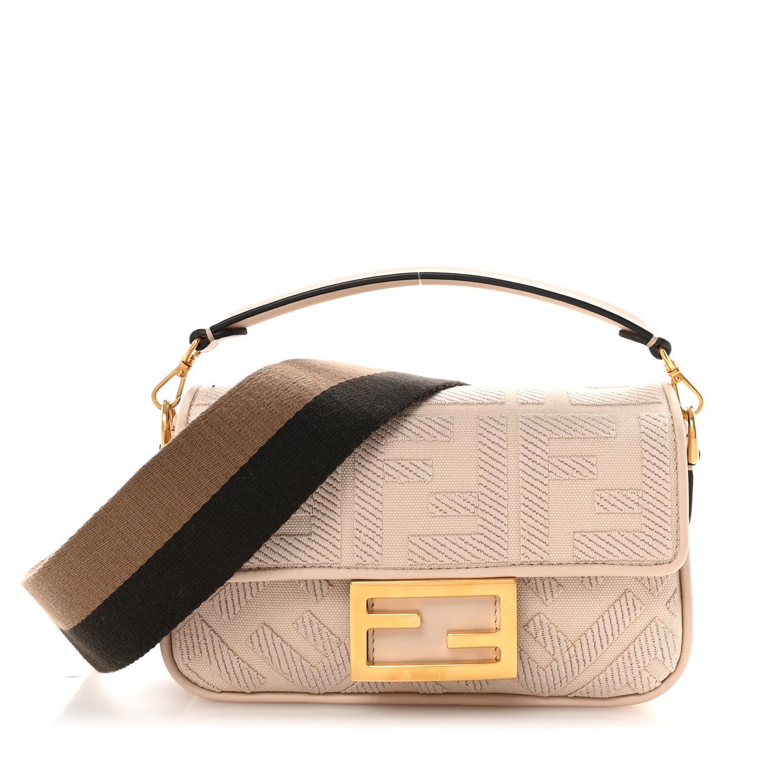 Fendi Canvas Vitello King Bi-Color Strap FF Embroidered Mini Baguette Poudre 1 of 9