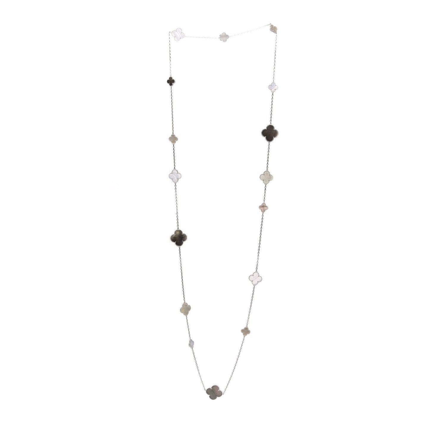 18K White Gold Mother of Pearl Chalcedony 16 Motifs Magic Alhambra Necklace