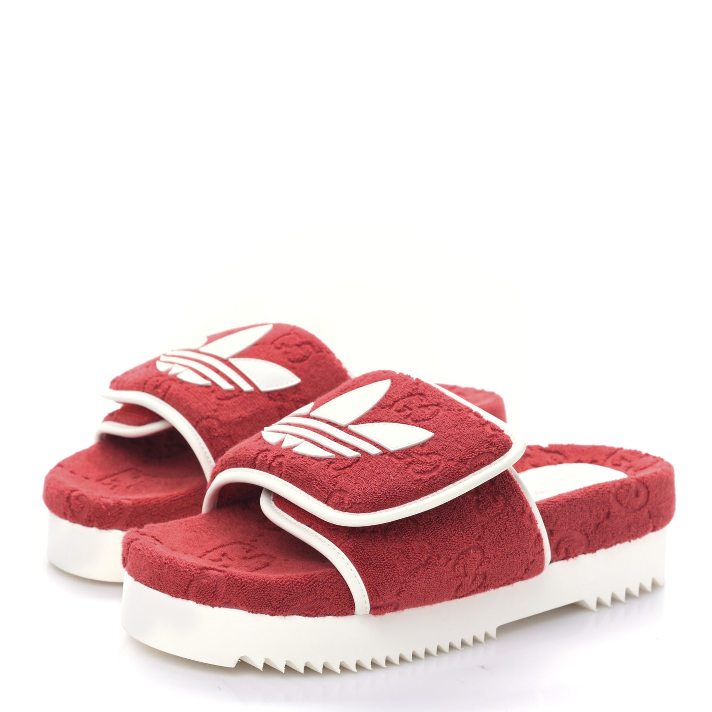 X ADIDAS Terry Cloth Trefoil GG Monogram Mens Platform Sandals 40 Maple Red Off White