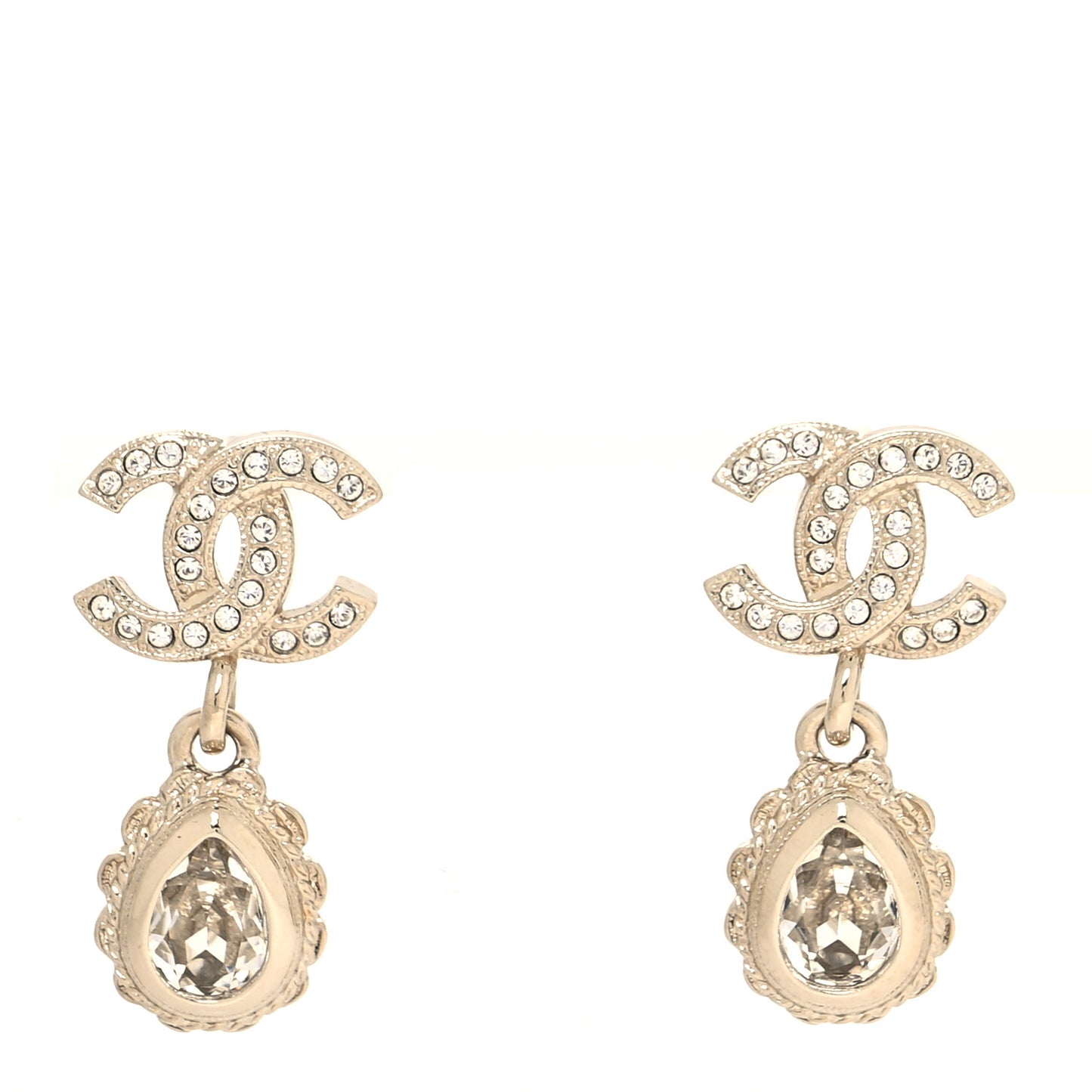 Metal Crystal CC Tear Drop Earrings Gold