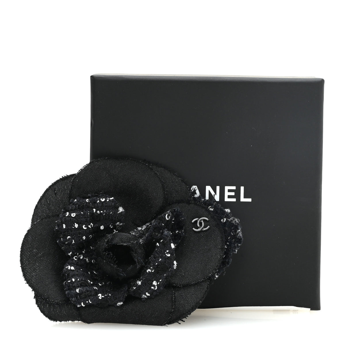 Chanel Tweed Camellia Pin Brooch Black White 3 of 3