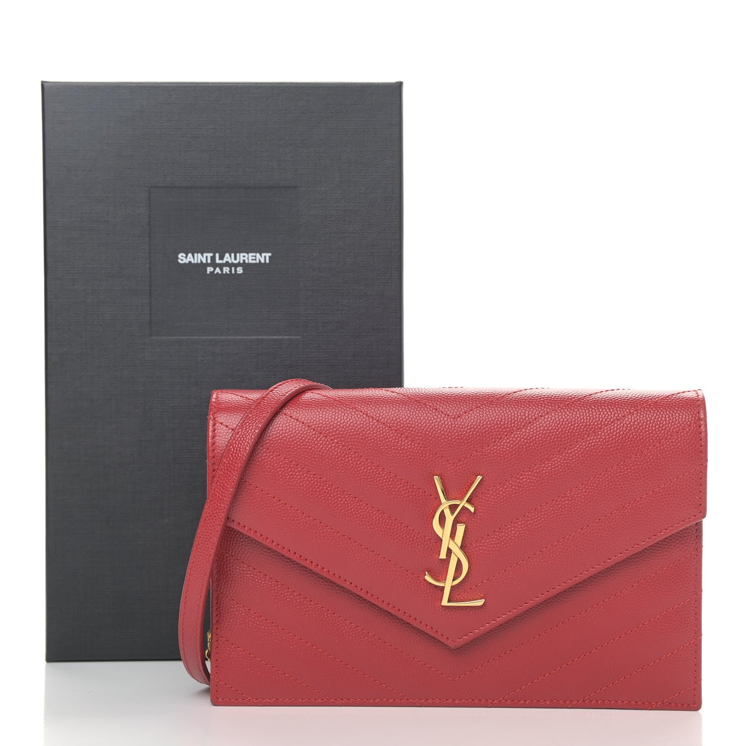 Saint Laurent Grain De Poudre Matelasse Chevron Monogram Envelope Chain Wallet New Red 10 of 10