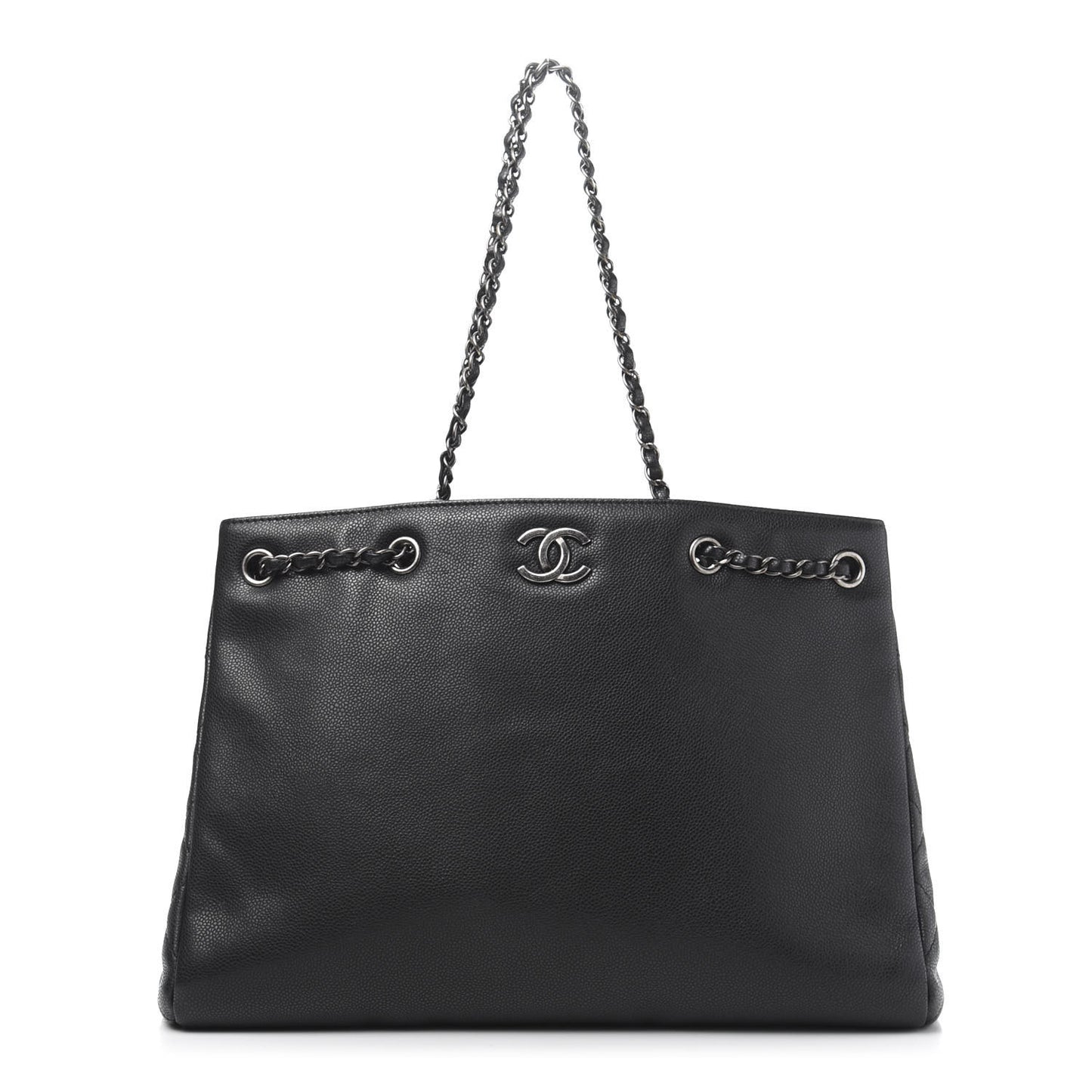 Metallic Grained Calfskin Woven Chain Large Shopping Bag Black