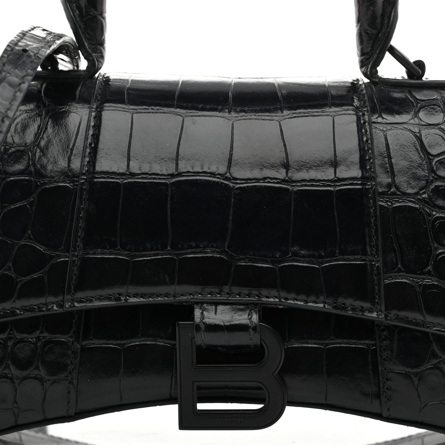 Shiny Calfskin Monochrome Crocodile Embossed Hourglass Top Handle Bag XS Black