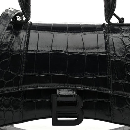 Balenciaga Shiny Calfskin Monochrome Crocodile Embossed Hourglass Top Handle Bag XS Black 9 of 11