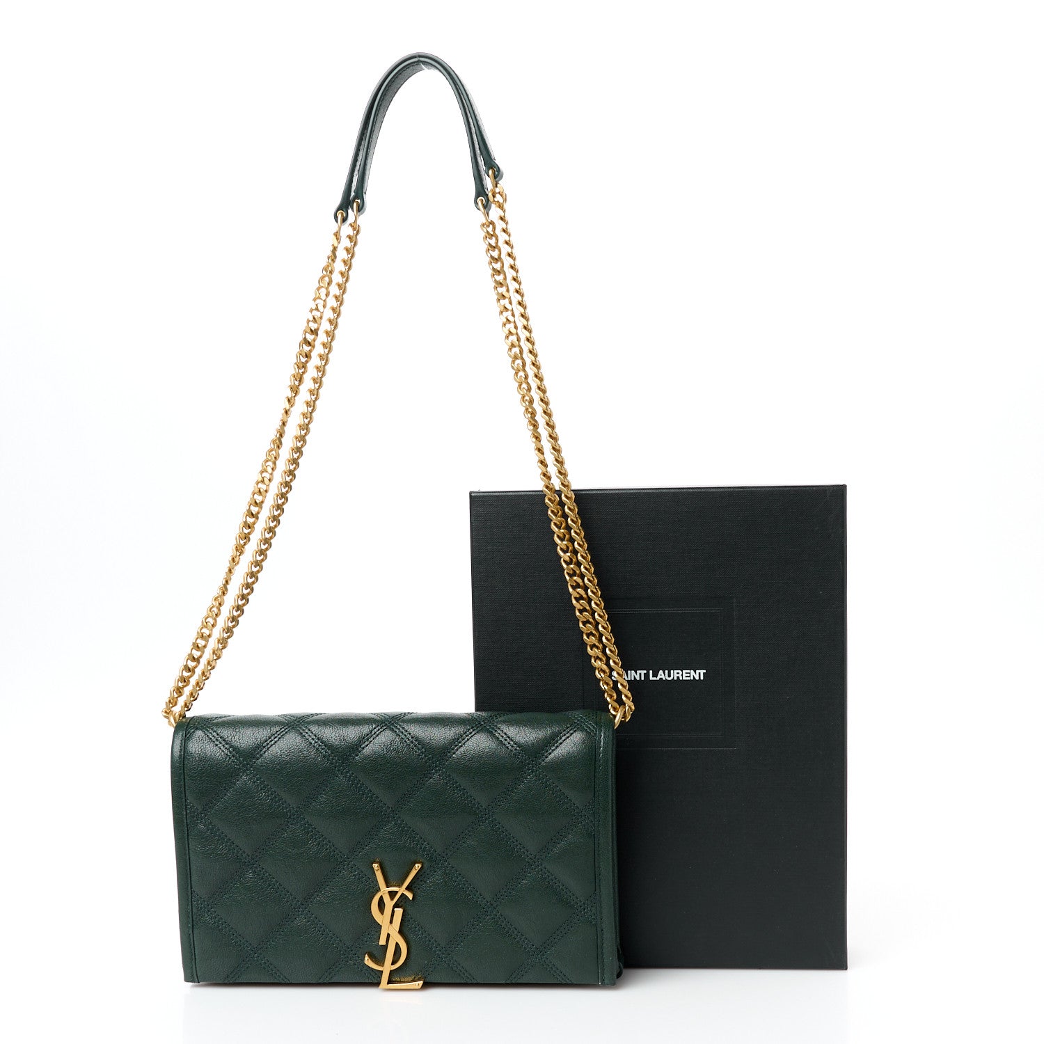 Saint Laurent Lambskin Diamond Quilted Becky Chain Wallet Vert Fonce 11 of 11