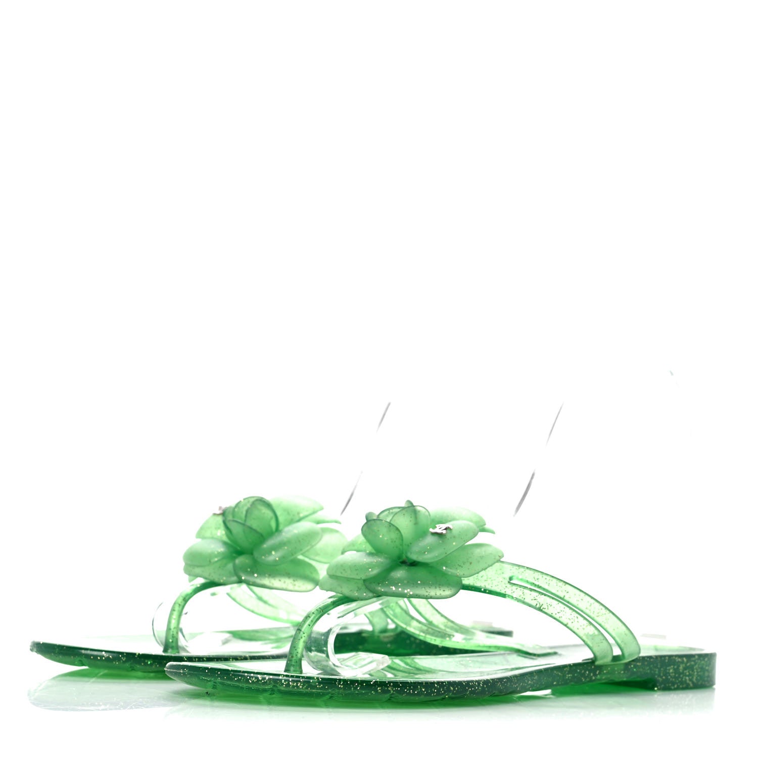 Chanel Jelly Camellia Glitter Thong Sandals 39 Green 3 of 7