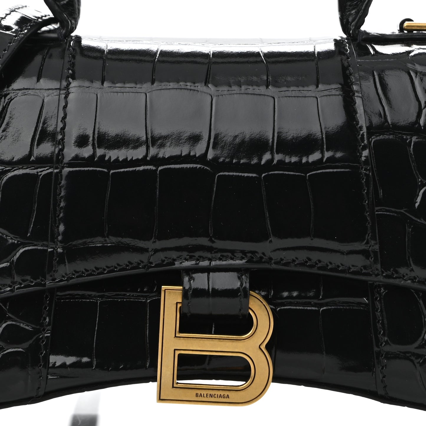 Shiny Calfskin Crocodile Embossed Hourglass Top Handle Bag XS Black