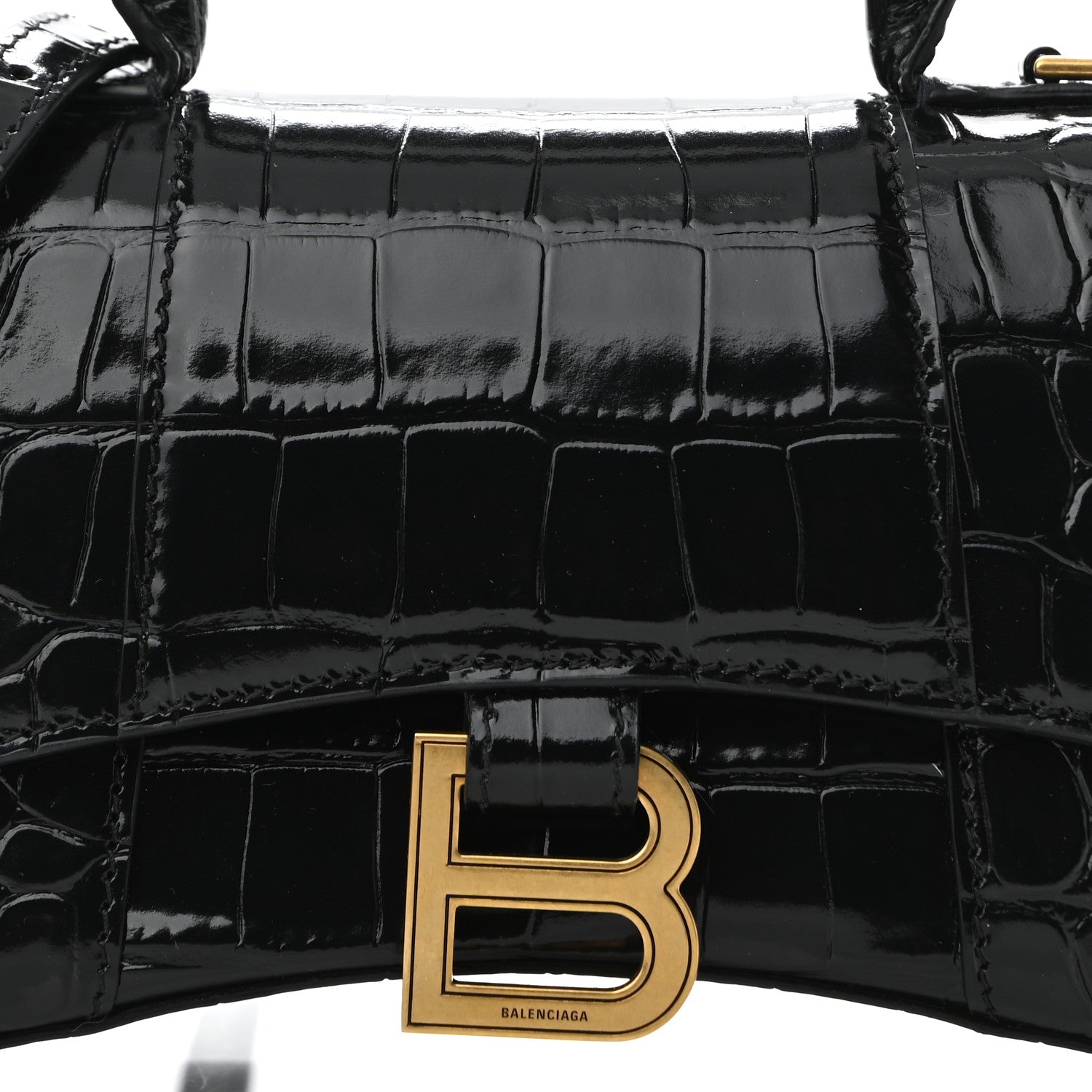Balenciaga Shiny Calfskin Crocodile Embossed Hourglass Top Handle Bag XS Black 7 of 10