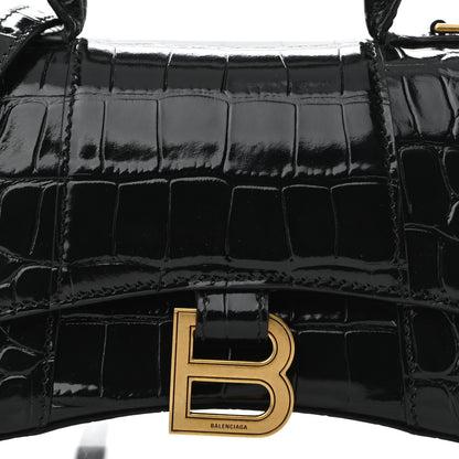 Balenciaga Shiny Calfskin Crocodile Embossed Hourglass Top Handle Bag XS Black 7 of 10