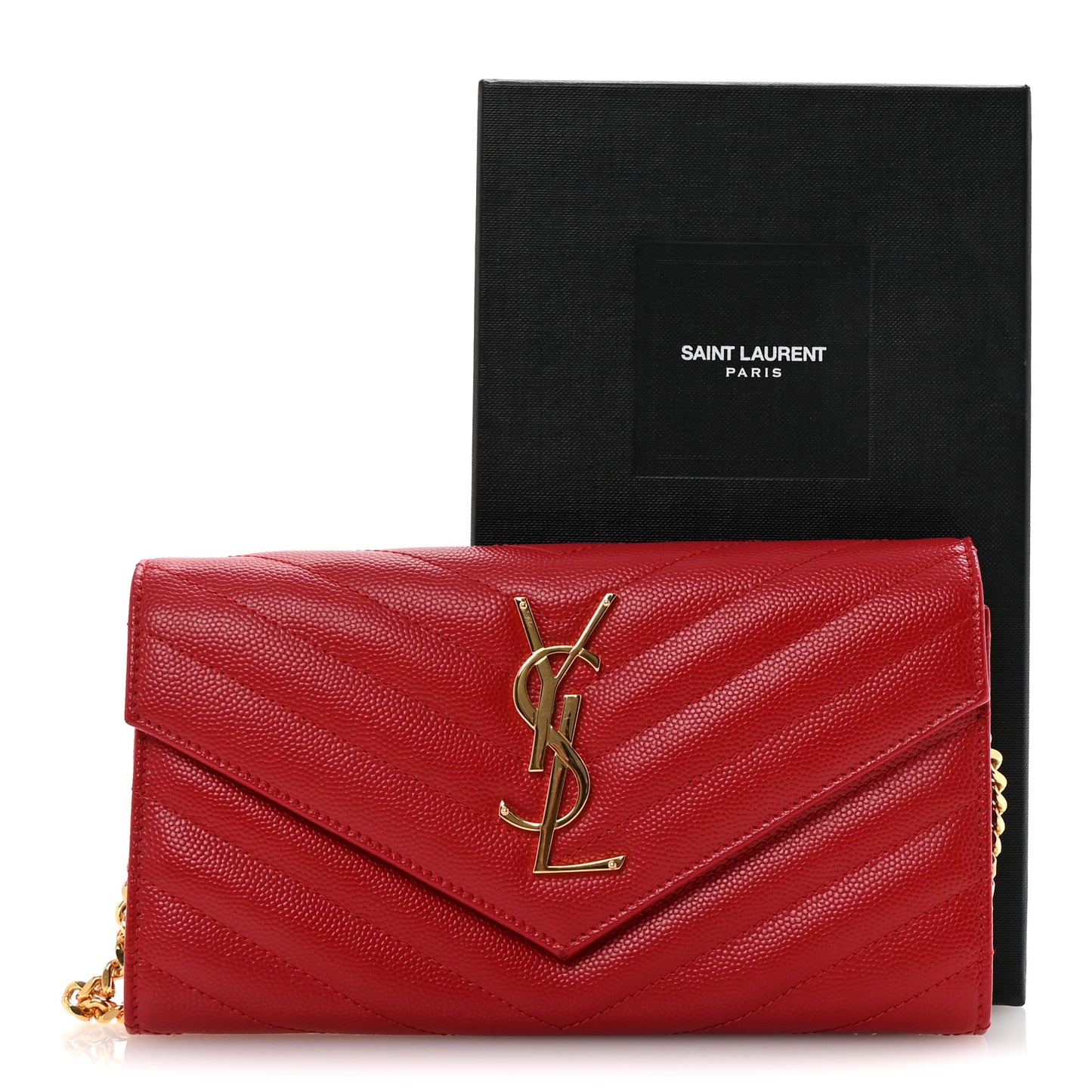 Grain De Poudre Matelasse Chevron Small Monogram Chain Wallet Red