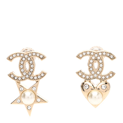 Chanel Crystal Pearl Charming Winter CC Star Heart Earrings Gold 1 of 4