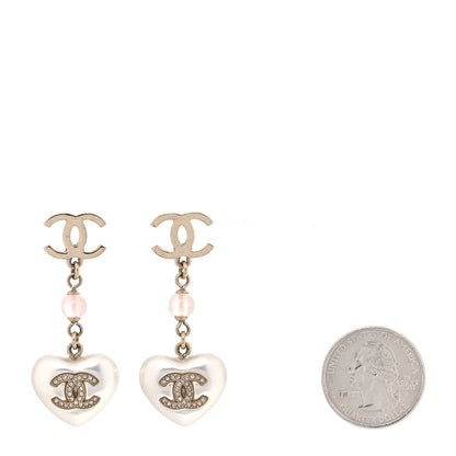 Chanel Metal Pearl Crystal Bead CC Heart Drop Earrings Pink Gold 2 of 4
